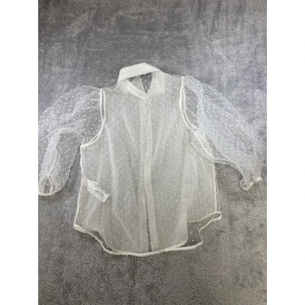 ZARA Blogger Favorite WOMENS S Swiss Dot Blouse Top Sheer Puff Sleeve 0744
